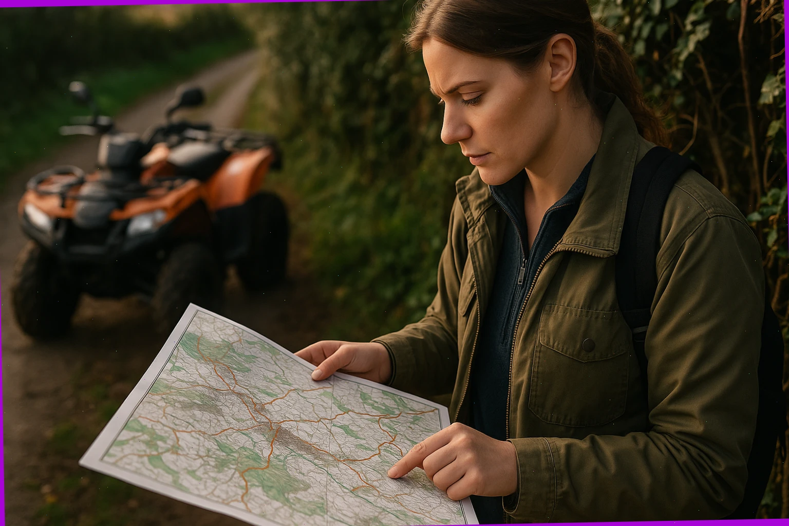 Trail guide reviewing a quad map beside a hedgerow