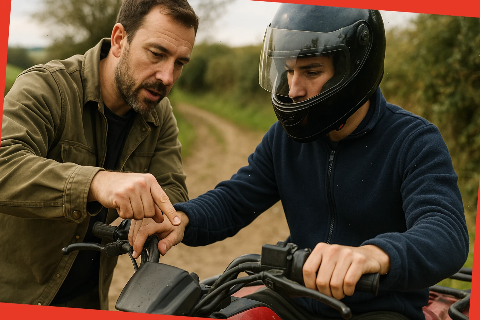 Instructor showing a quad rider how to adjust handle grips