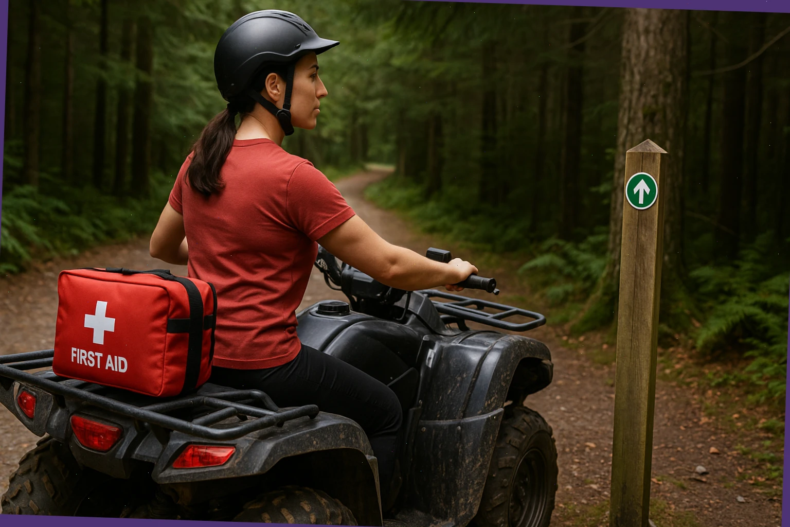 Support rider stopping near a forest checkpoint with first aid kit