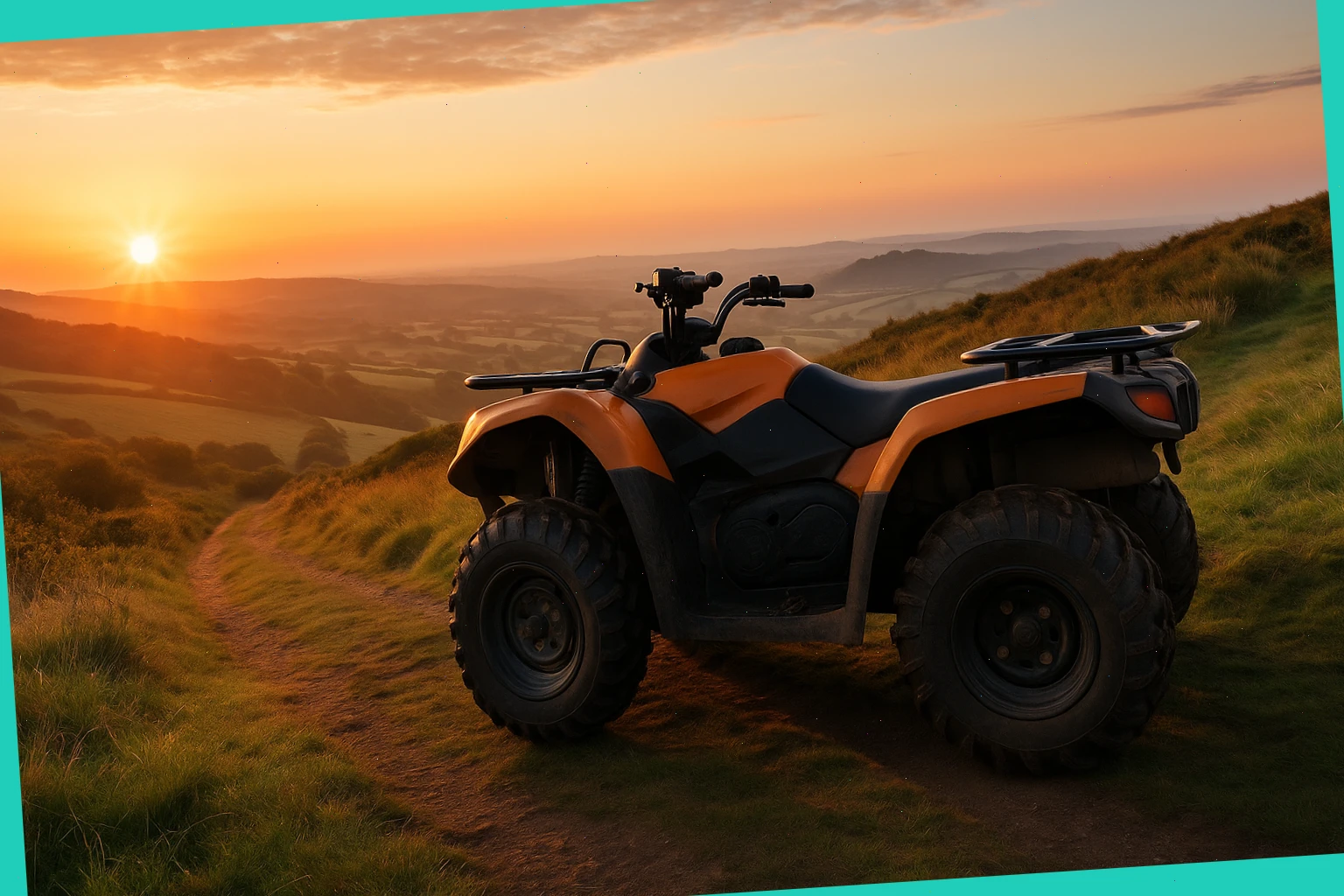 Quad bike parked on a Devon hillside trail at sunrise